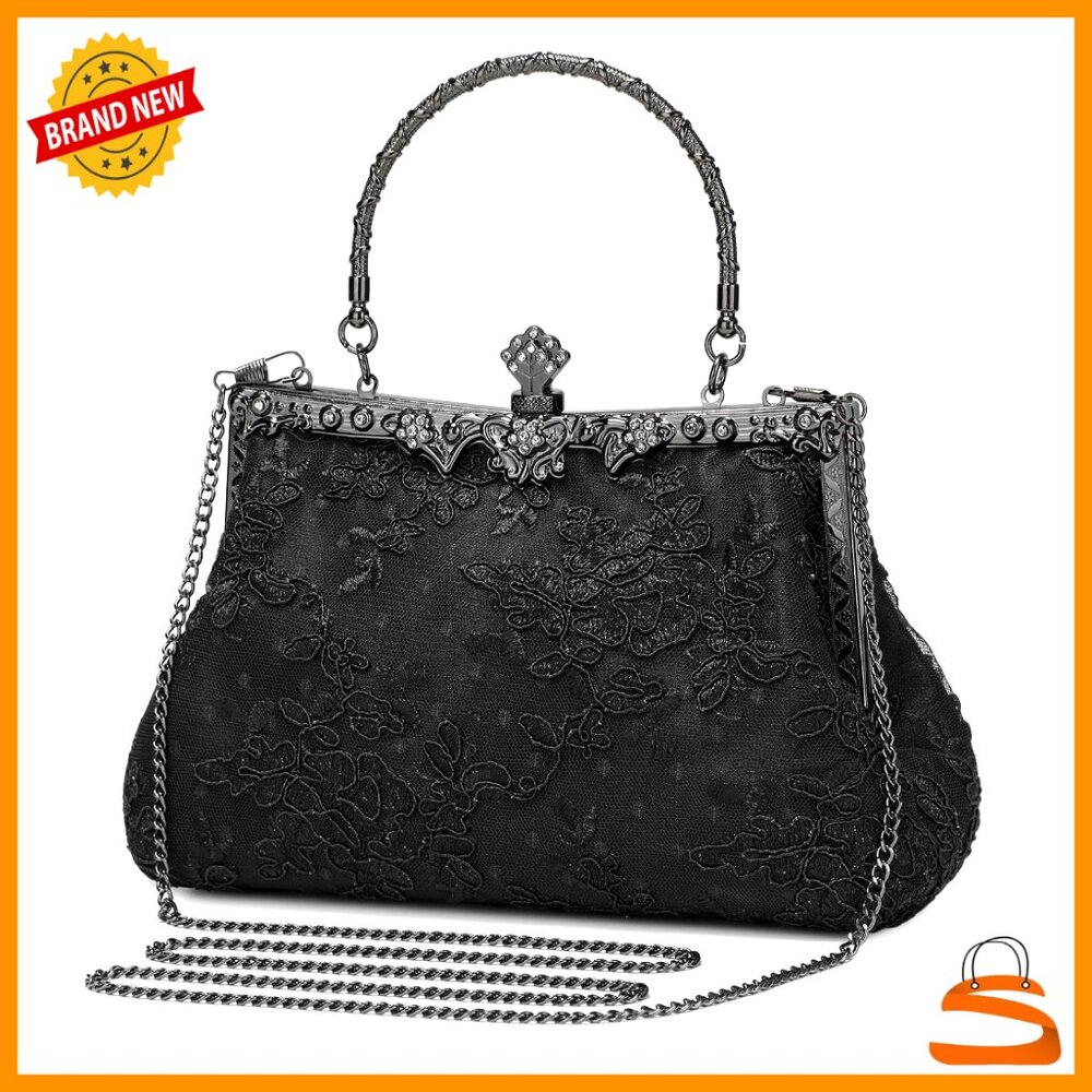 Vintage Lace Floral Clutch Evening Bag with Detachable Chain